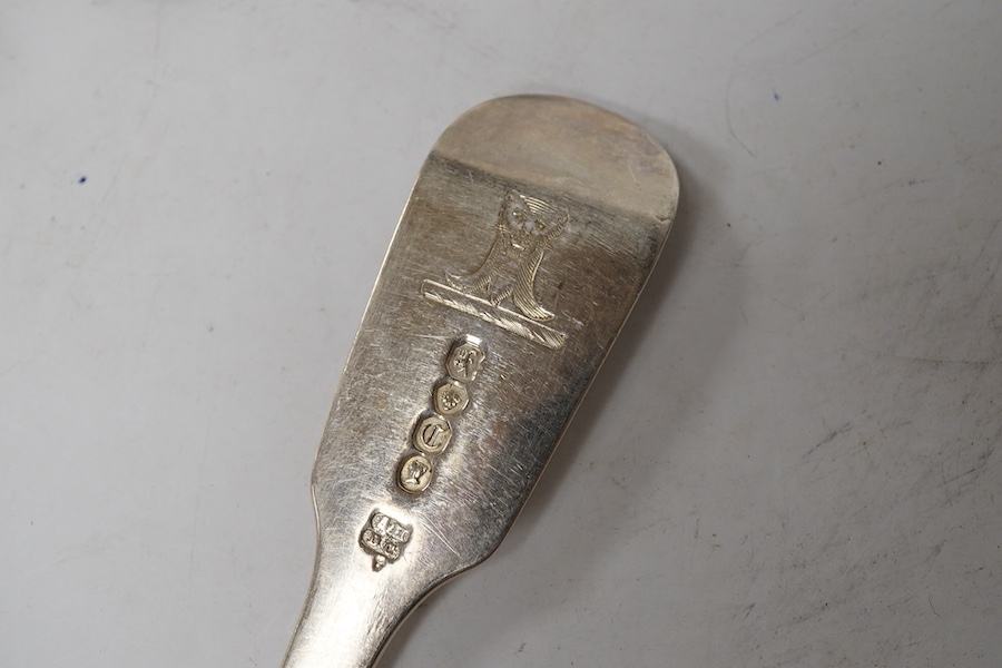 Six George III and early Victorian matched fiddle pattern table forks, of which four London, 1838, Samuel Hayne & Dudley Cater, 20cm, crested, 13.8oz.